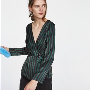 NEW • ZARA Satin Striped Green Wrap Top